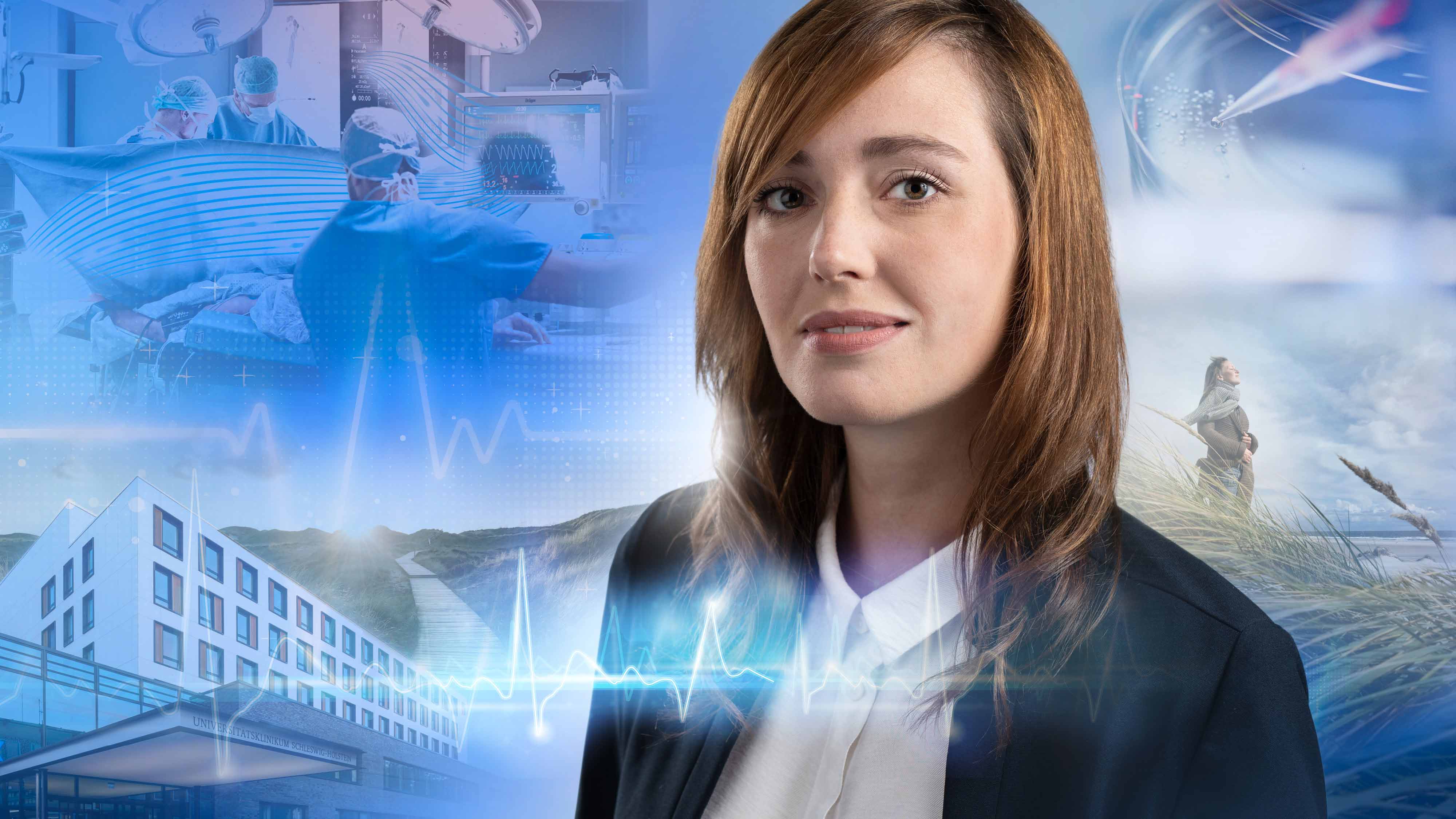  Eine Frau mit rotbraunen Haaren blickt in die Kamera. Im Hintergrund sind Bilder zum Thema Gesundheitswirtschaft: eine Pipette und Petrischale, ein Operationssaal, ein Krankenhausgebäude und eine Frau am Strand.