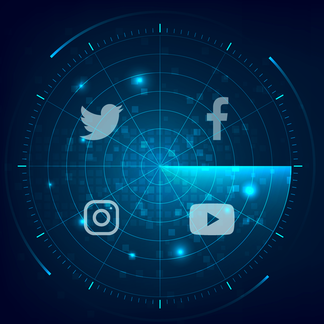 Symbolbild für Nachrichten aus Sozialen Netzwerken. Für Facebook, Instagram, Twitter und YouTube, die Logos sind auf einem Radarbildschirm.