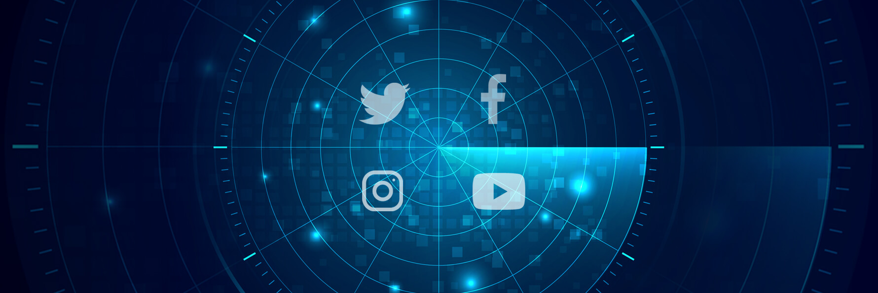 Das Bild zeigt einen Radar, auf dem verschiedene Icons der Social-Media-Plattformen wie Twitter, facebook und Instagram eingebunden sind.